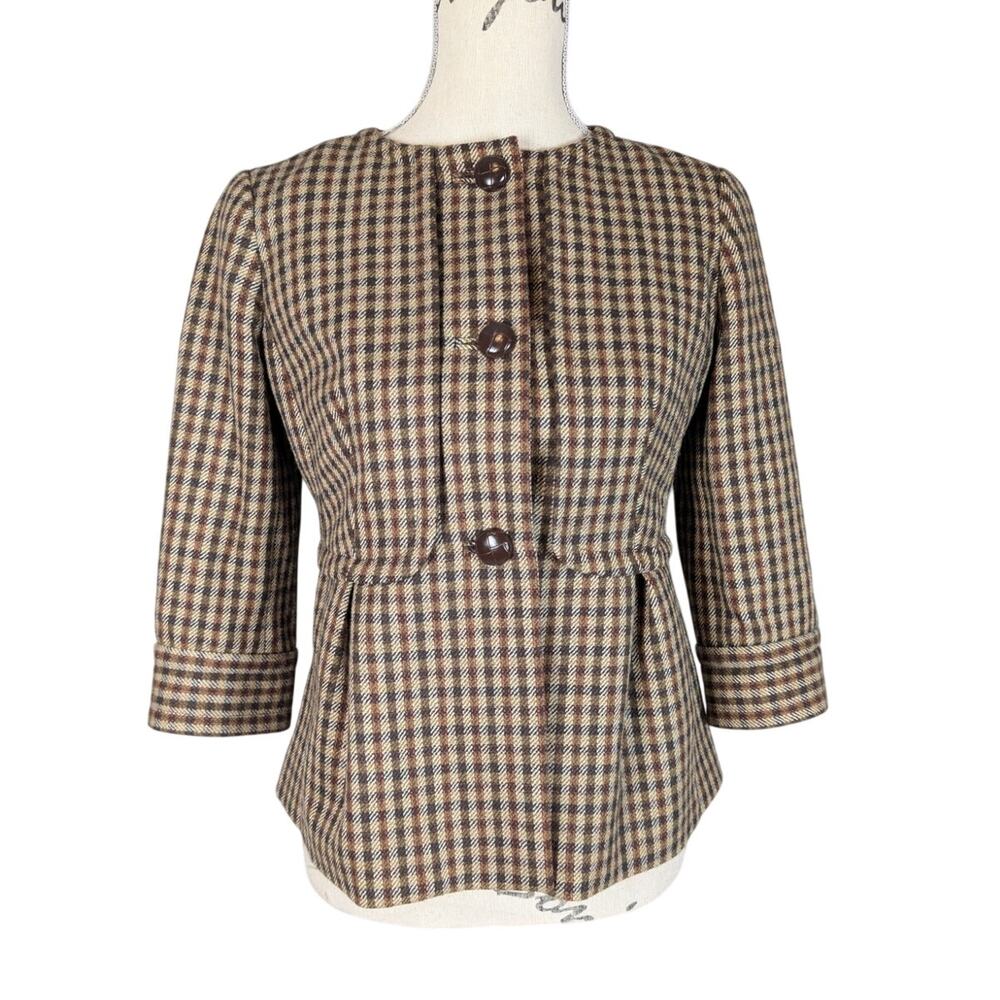 Vintage Talbots Wool Plaid Jacket Blazer Petite 4P Brown Check 90s Tailored
